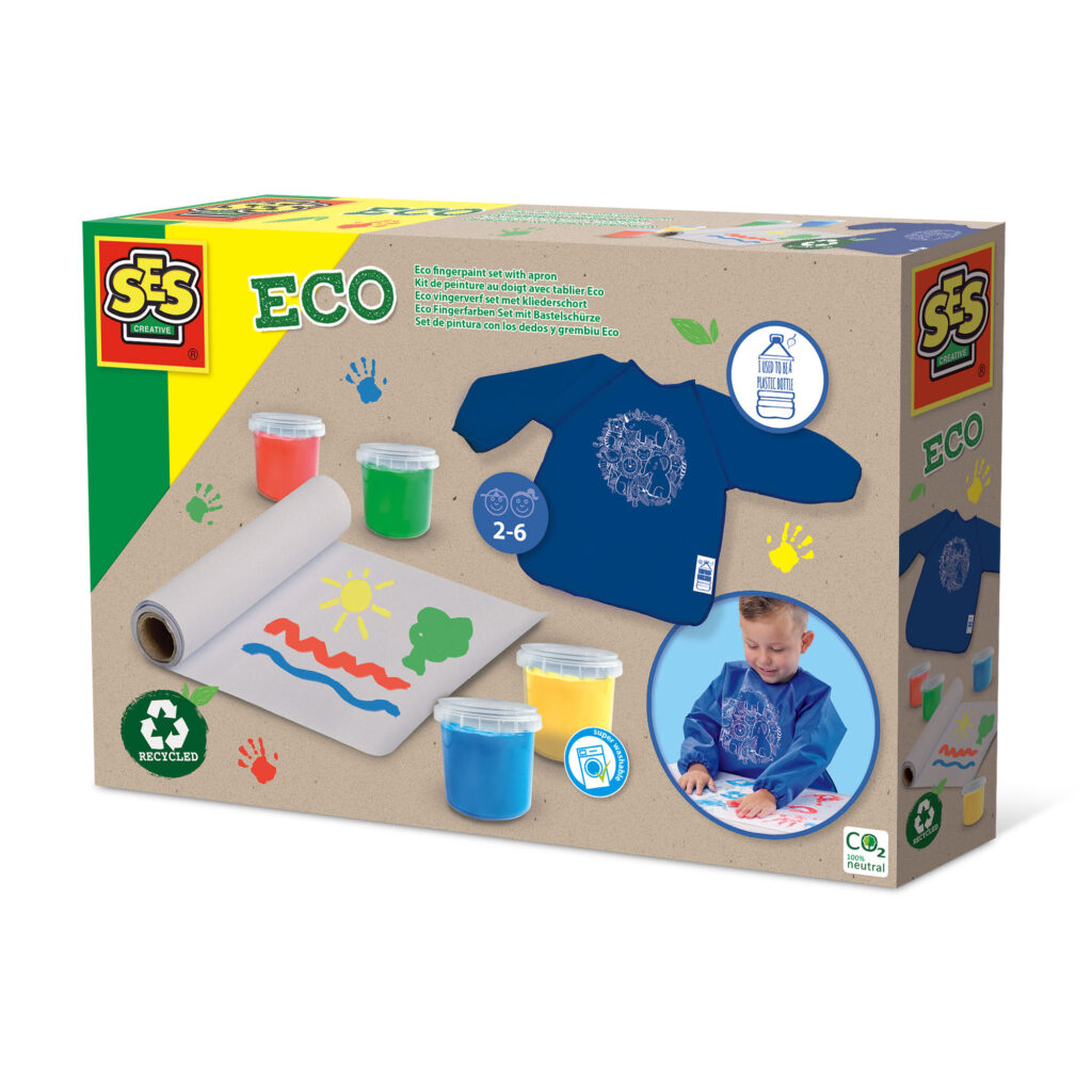 Verpakking van een eco vingerverf set met 4 kleuren verf, papier en een schort.